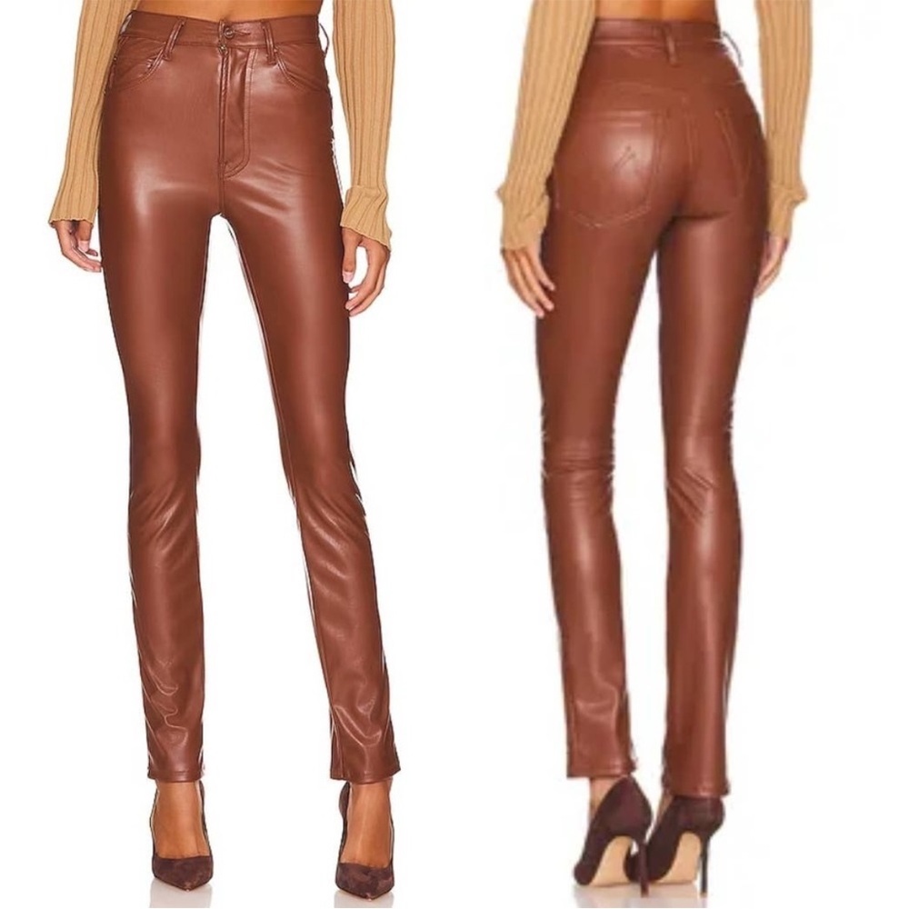 Mother Brown High Waisted Rail Skimp Straight Faux Leather Pants Size 30 $228